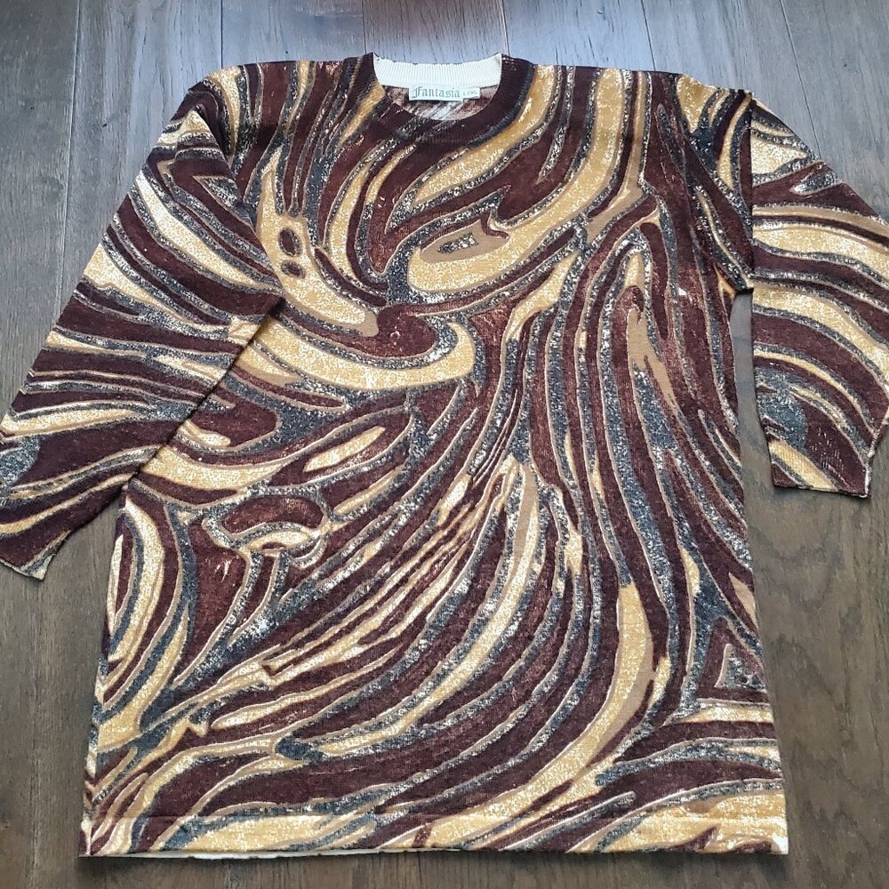 FANTASIA Vintage Womens Brown Wool Sweater Psychedelic Swirls Shoulder Pads 90s